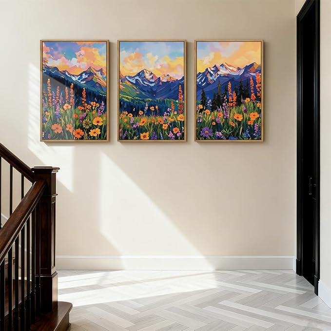 ANHUIB Colorful Wildflower Wall Art Boho Mountain Wall Decor Nature Floral Art Print 16x24 Inch Set of 3 for Living Room Bedroom Dining Room