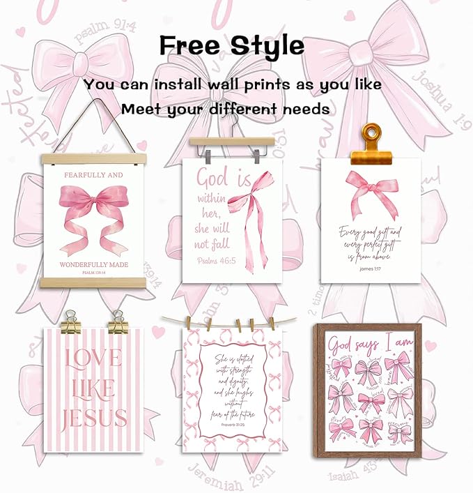 Pink Bow Jesus Bible Canvas Wall Art Set of 9, Coquette Trendy Preppy Aesthetic Girl Posters Prints Wall Decor, Christian scripture Lovers Gifts for Home Decor Living Room Bedroom 8x10In Unframed