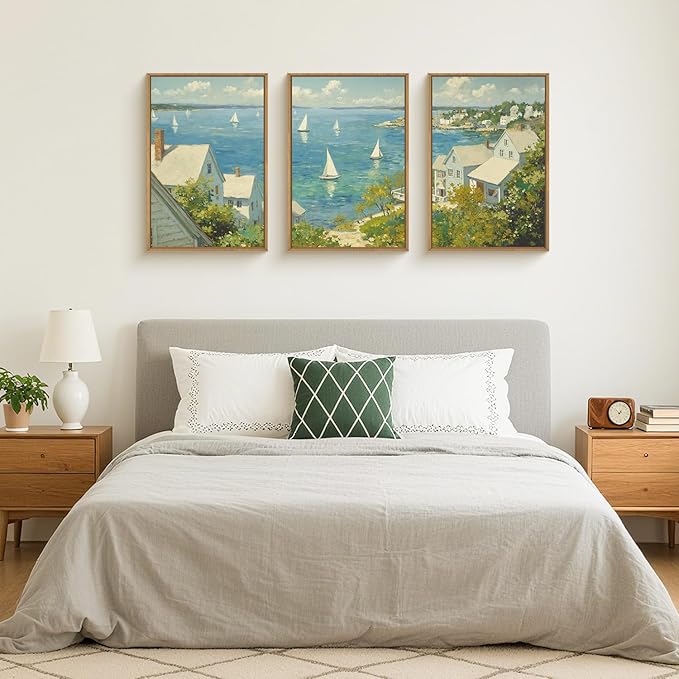 Large Coastal Sailboat Framed Canvas Wall Art Set,Summer Seascape Wall Decor,Nautical Blue Ocean Art Prints,Nature Beach Artwork for Living Room,Bedroom,Dining Room,Office-24 x36 x3