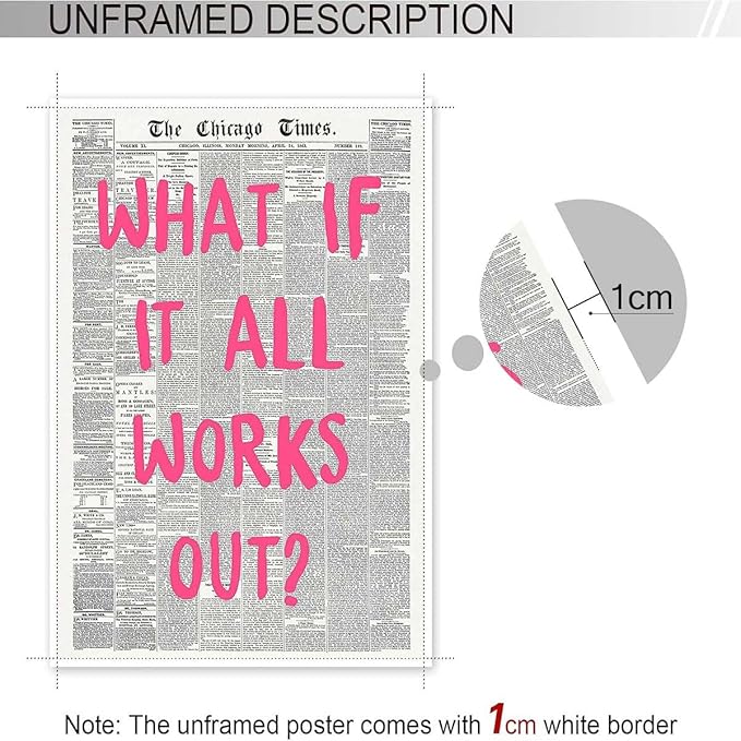 Drimiler What If It All Works Out Poster Retro Newspaper Pink Font Canvas Wall Art Positive Affirming Quote Minimalist Prints Painting For Home Bedroom Dorm Wall Decor 16x24in Unframed