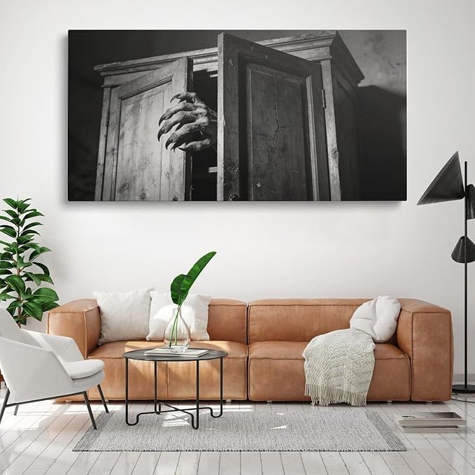 Gothic Door Framed Canvas Wall Art for Bedroom, Black White Moody Wall Decor 48" L x 24" W