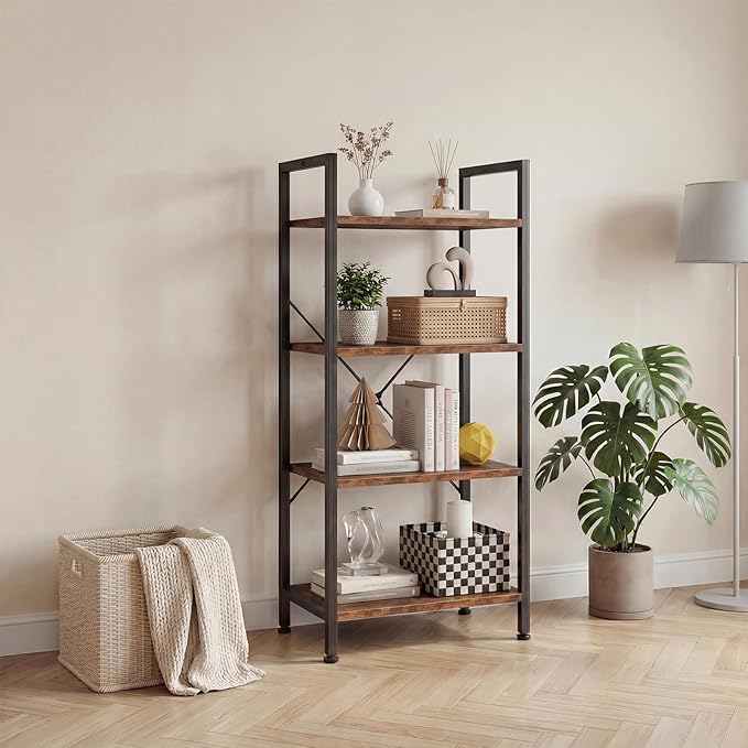 DUMOS 4 Tiers Bookshelf, Classical Book Shelf, Tall Display Shelves in Living Room/Home/Office, Storage Organizer for CDs/Books/Movies, Brown