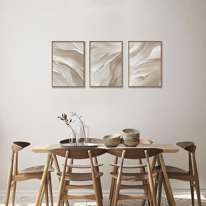 myusuar 3 Piece Large Abstract Framed Wall Art For Living Room, Smoke Texture Ink Beige White Canvas Wall Art Modern Minimalist Art Prints Wall Décor For Bedroom Office 12x16in
