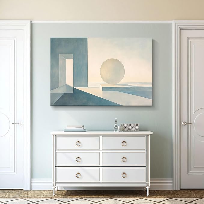 gaosoul Modern Canvas Wall Art Blue White Tranquility Geometric Abstract Oil Painting Minimalism Artwork Prints for Living Room Bedroom Office Decor Framed 48x32in