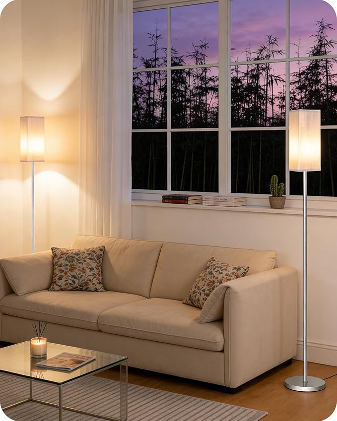 64.2''Dimmable Floor Lamp for Living Room with Remote and Foot Switch, Corner Floor Lamp for Bedroom, Includes 10W A19 Bulb, Modern Standing Tall Lamp, ETL Listed, Silver and White SCW17LD05