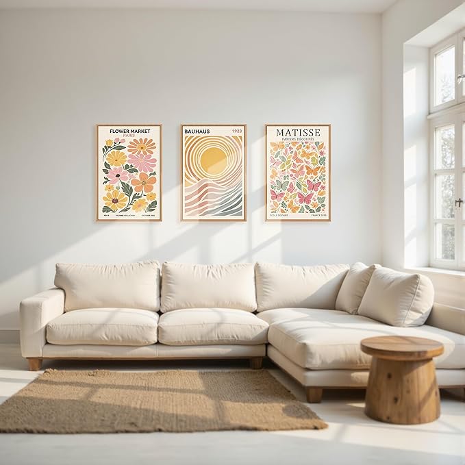 Boho Flower Market Framed Canvas Wall Art Set, Matisse Floral Wall Decor, Abstract Botanical Wall Painting, Nature Floral Illustration Art Prints for Living Room, Bedroom, Office 24"X36"X3