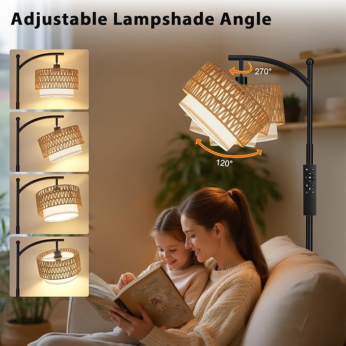 Ambimall Arc Floor Lamp for Living Room with Remote, Boho Standing Lamp with Rattan & Linen Shades, Color Temperature & Dimmable Bulb, Farmhouse Tall lamp for Bedroom, Office(Black)