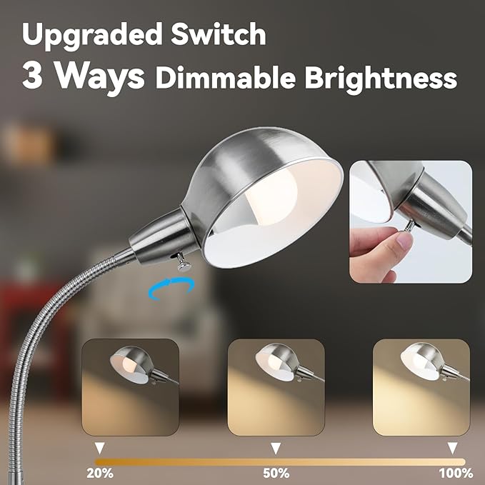Dimmable Floor Lamp with Flexible Gooseneck and Rotatable Shade, Modern Style Standing Tall Lamp, E26 Socket, LED Reading Lamp (Sliver)