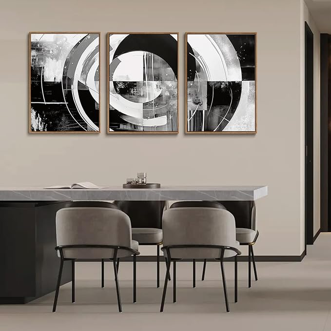 myusuar 3 Piece Large Modern Abstract Canvas Framed Wall Art For Living Room, Black And White Rings Minimalist Wall Art Decor Posters Prints For Bedroom Office, 16x24in