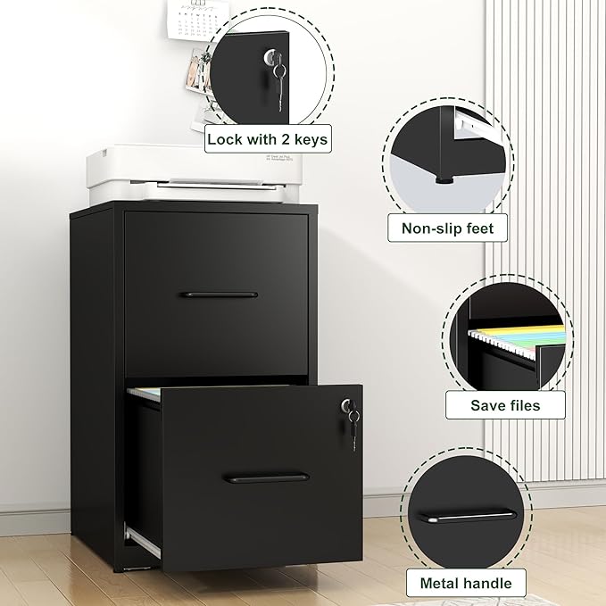 2 Drawer File Cabinet,Vertical Filing Cabinets for Home Office,Metal Steel Storage Cabinet for Letter/Legal Size File,Assembly Required(Black)