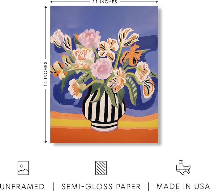 HAUS AND HUES Floral Art Wall Decor - Wildflowers Wall Art for Living Room, Floral Artwork for Bedroom Walls, Flower Painting for College Girls Dorm Room (Striped Vase, Unframed, 11x14)