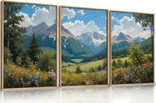 HLNIUC Green Forest Mountain Landscape 3 Piece Wall Art Framed, Colorful Wildflower Nature Wall Decor(16x24), Blue Sky White Cloud Canvas Painting, Woodland Tree Print for Living Room, Bedroom, Office