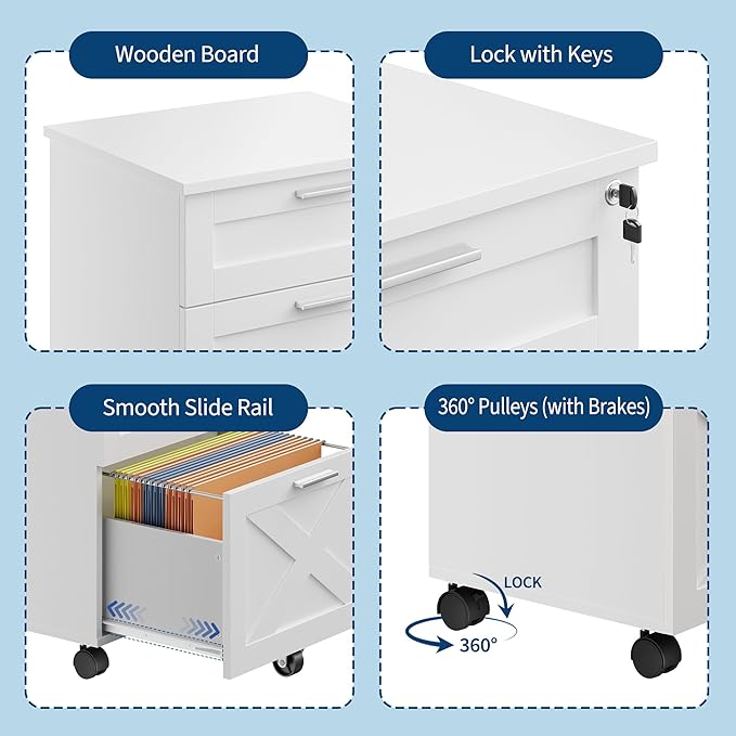 3-Drawer Rolling File Cabinet with Lock - Wooden Mobile Filing Cabinet for Home Office, Under Desk Storage Organizer fits Letter/A4/Legal Size, Sturdy Printer Stand with Locking Casters, White