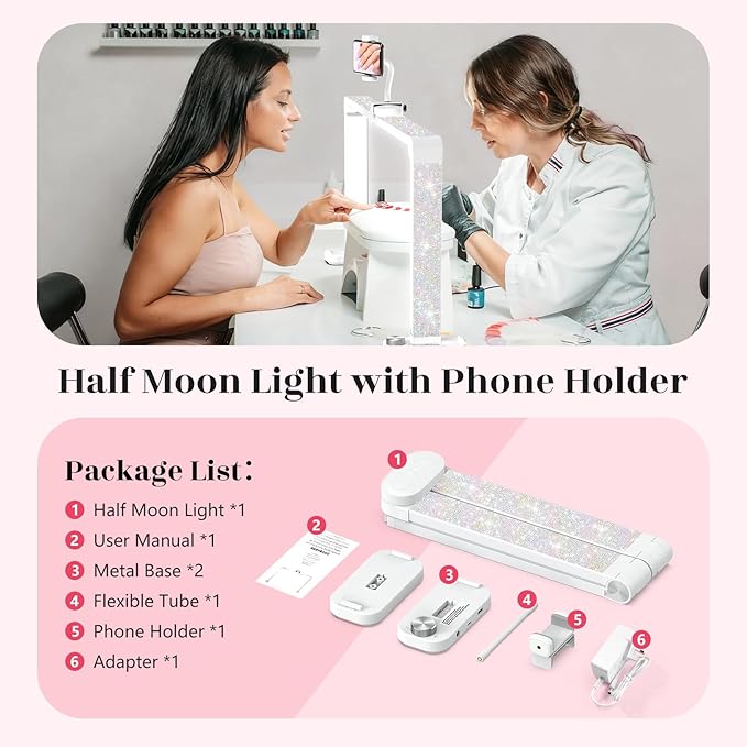 Yokilly 48W Half Moon Light: 34" Shadow-Free Half Moon Light for Desk Salon - Foldable LED Desk Lamp with Stepless Brightness 3000K-6500K for Manicurist Nail Tech (White Diamond, Large)