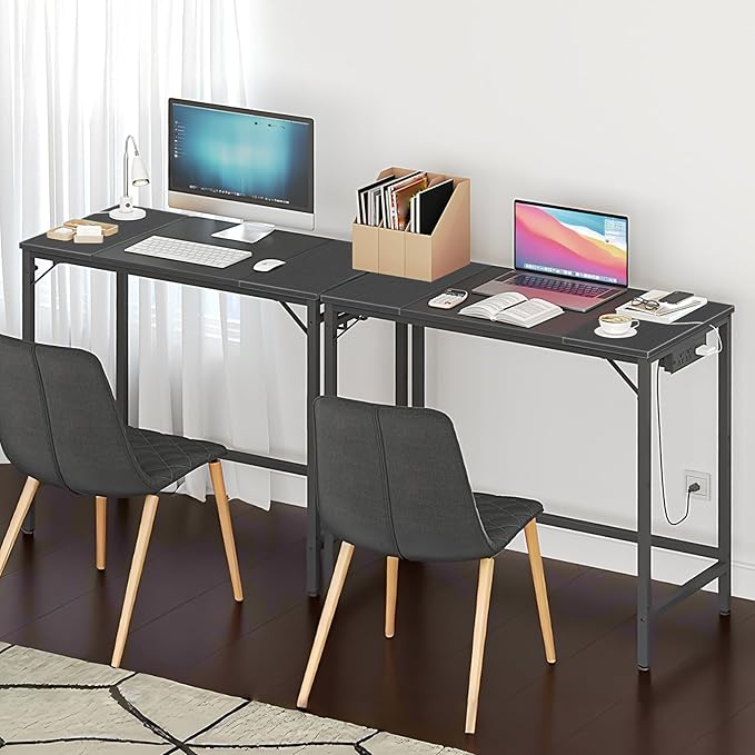HOOBRO Computer Desk, Home Office Desk with Power Outlet, Modern Study Writing Desk with 3 Hooks for Study Room, Home Office, Sturdy and Stable, Easy to Assemble, Black BB40UDN01
