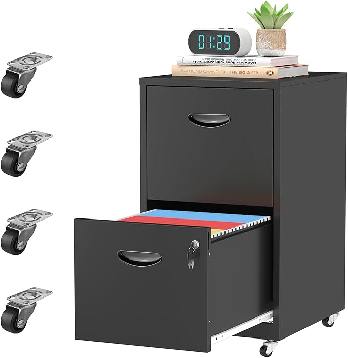 2 Drawer Rolling File Cabinet with Lock,Filing Cabinets for Home Office,Two Drawer File Cabinet, Mobile Under Desk File Cabinets, Printer Stand with Wheels Fit Letter/A4,Assembly Required