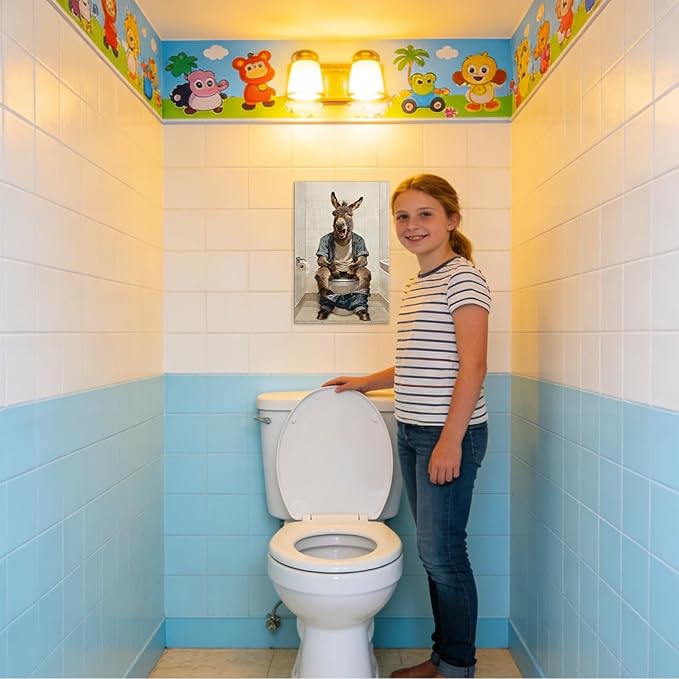 Funny Donkey Bathroom Wall Art Humorous Bathroom Pictures Wall Decor with Wooden Frame, Lightweight Donkey Sitting on Toilet Pictures Poster Animals Painting for Home Toilet Decor, 12x18 Inches