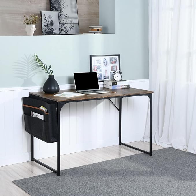 Homy Casa Inc 47 inch Study Storage Bag Space Saving for Home Office, Modern Simple Style PC, Black Metal Frame Computer Desk, Writing Table, Brown