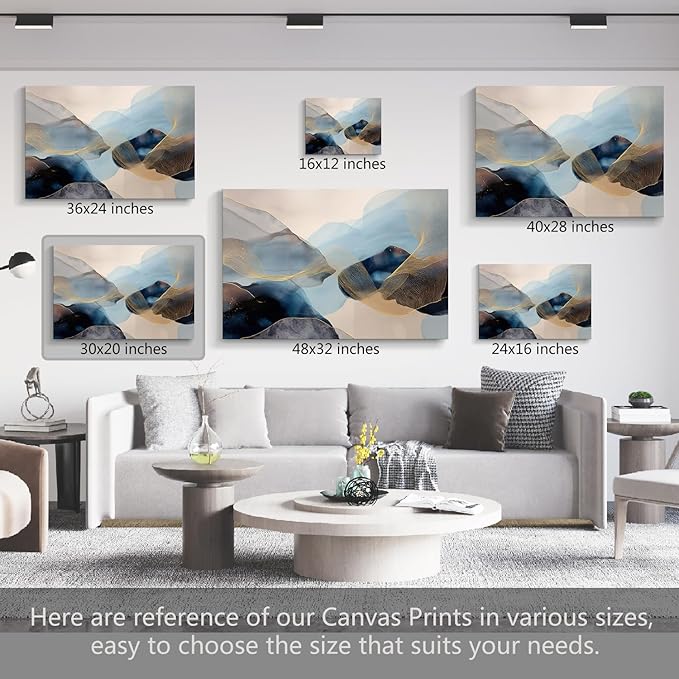 gaosoul Modern Blue Abstract Canvas Wall Art Oil Painting Giclee Print of Flowing Azure Textures Delicate Gold Filigree Soft Color Transitions Minimalism Artwork for Home Office Decor Framed 30x20in