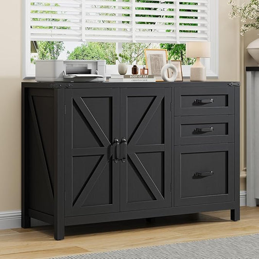 3 Drawer File Cabinet, Farmhouse Lateral Filing Cabinet with Doors for Letter/A4 Size Hanging Files, Large Wood Storage Cabinets Printer Stand with Adjustable Shelf for Home Office, Black