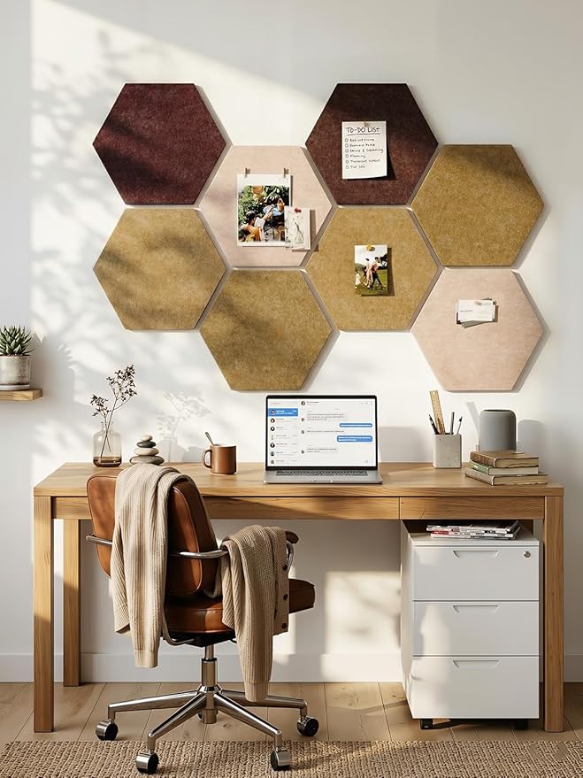 8 Pack Hexagon Felt Bulletin Board Tiles - 11.8" Large Thick Pin Board for Walls with 30 Push Pins, DIY Boards for Office Home School Decor, Aesthetic Hex Cork Board Alternative