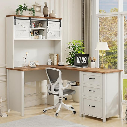 Farmhouse 68"H L Shaped Desk with Hutch,Office Table with 3 Drawers and Sliding Doors, Executive Desk with File Drawers and Charging Station,Workstation for Home Office & Study, Unique White.
