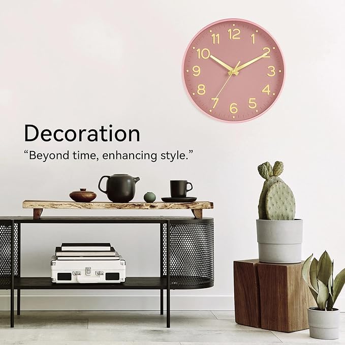 Wall Clock 12 Inch Silent Wall Clocks Battery Operated-Modern Non Ticking Analog Clock Decorative for Kitchen Bedroom Office (Pink Gold)