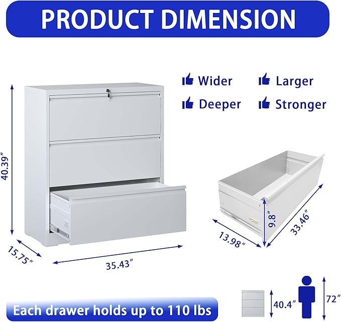 3 Drawer Vertical File Cabinet with Lock, Metal Lateral Filing Cabinet with Hanging Letter/Legal/A4 Folders, Locking Steel Cabinet for Home, Office, Assembly Required - White