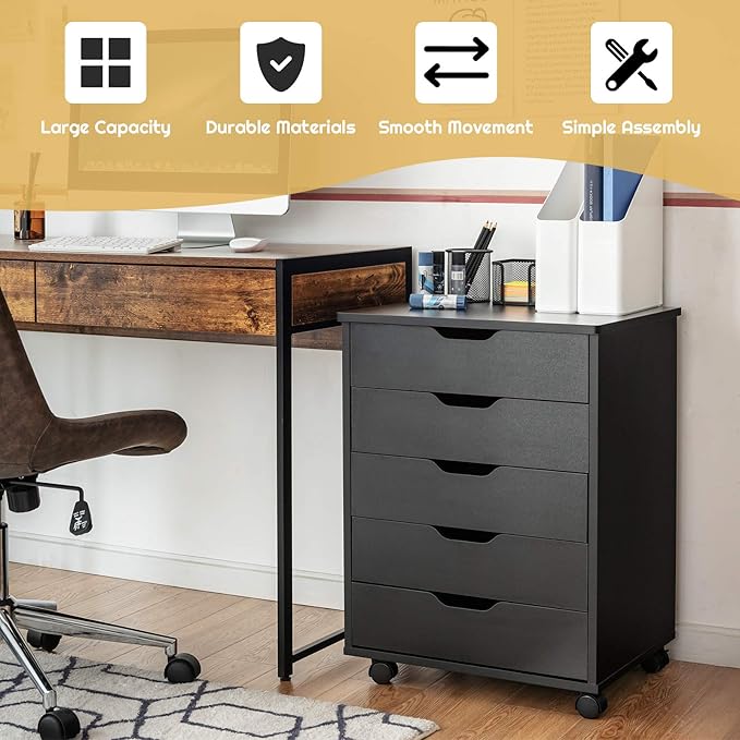 5 Drawers File Storage Cabinet, 26.5" Vertical Filling Cabinet for Home Office, Under Desk Office Drawer Organizer, Universal & Lockable Casters, Rolling Printer Storage Rack (Black)