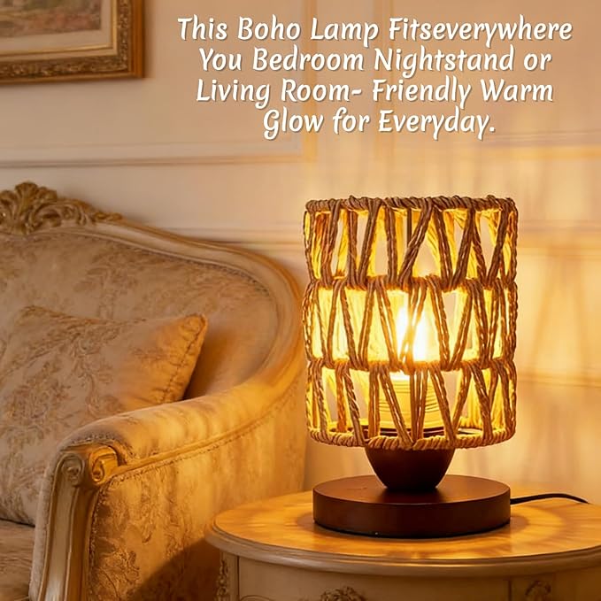 Boho Rattan Table Lamp, Bedroom Bedside Small Lamps with Warm White LED Bulb, Vintage Wooden Nightstand Nightlight, Rustic Handmade Woven End Desk Lamps for Bedroom Living Room Study Kids Room