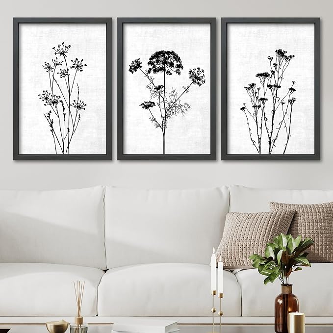 TQianJiang Flower Plant Wall Decor 24"x16" Black And White Botanical Painting Wood Framed Set of 3 Bedroom Office Abstract Wildflower Sign Hanging Art (Black)