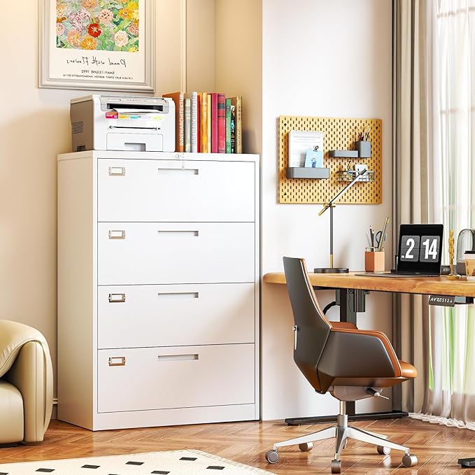 4 Drawer File Cabinet, Locking Lateral Filing Cabinet for Home Office, File Cabinets with Business Card Holder for Letter/Legal/F4/A4 Hanging Files