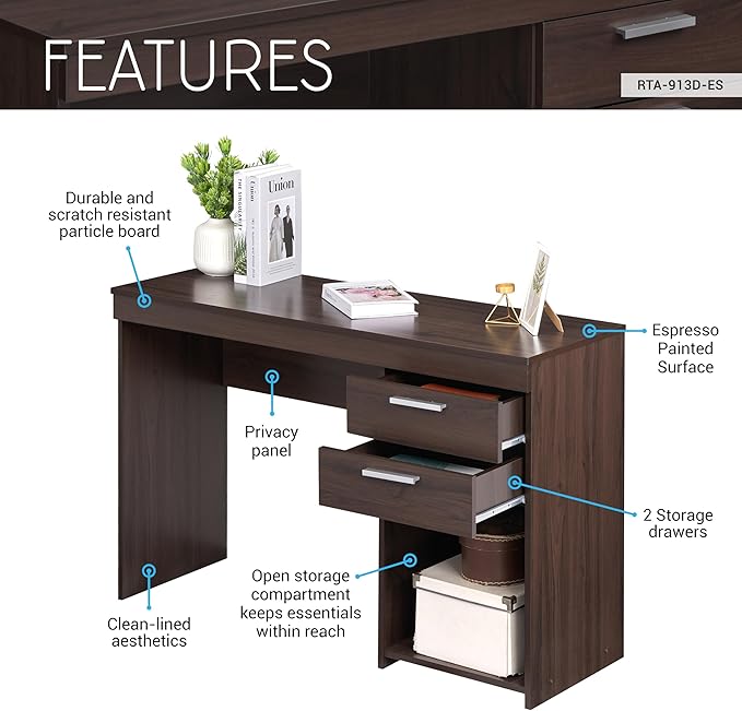 48" Modern Computer Desk with Drawers, Small Desk for Bedroom or Office, Espresso Brown