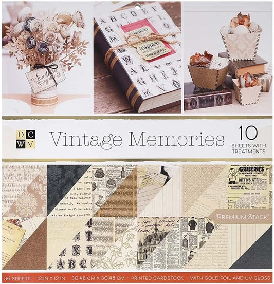 DCWV Printed Cardstock Paper 12x12, 36 Sheets of Scrapbook Paper for Crafts and Card Making, Double Sided Heavy Duty Cardstock with UV Gloss/Foil Accents - Vintage Memories