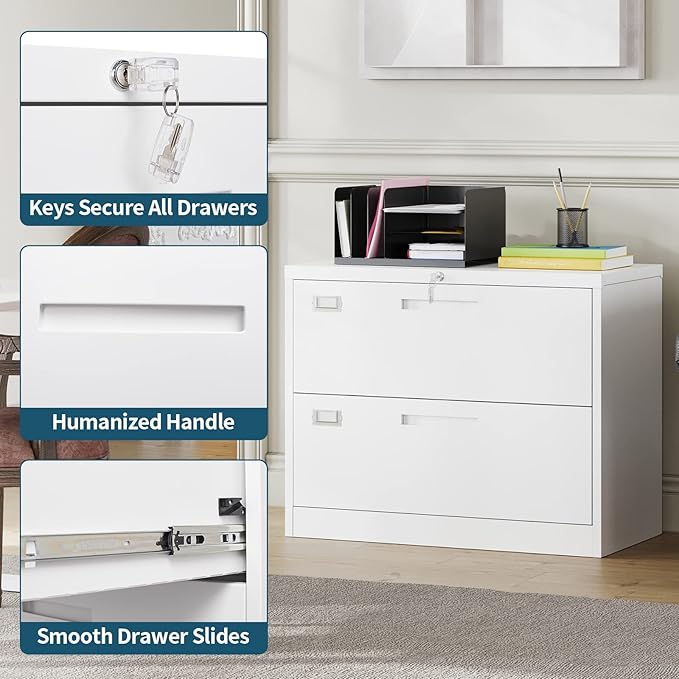 MIIIKO 2 Drawer Lateral File Cabinet with Lock, White Filing Cabinet for Home Office, Two Drawer Metal File Cabinet for Hanging Files Folders Letter/Legal/F4/A4 Size