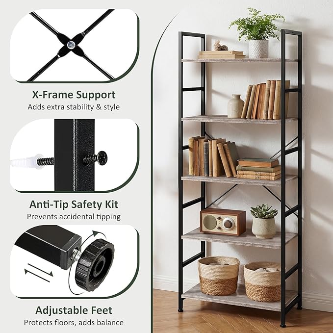 5 Tier Bookshelf, Free Standing Wooden Bookcase with Open Storage Shelves with Metal Frame, Sturdy Shelf Organization Display Rack for Living Room, Bedroom, Home Office, 62.2" Tall, Grey