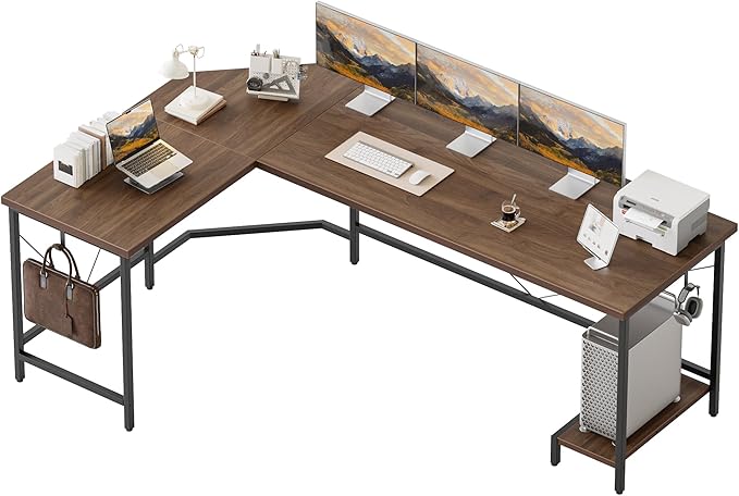 Mericonia 66 inch Large L Shaped Desk, Simple Corner Gaming Desk with CPU Stand & Hooks, Computer Desk for Home, Bedroom & Office Workspace, Walnut
