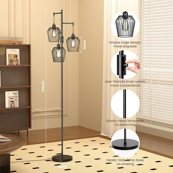 Dimmable Floor Lamp, Farmhouse Industrial Floor Lamp with Elegant Cage & 3 x 1000LM LED Bulbs, Tall Standing Lamp Black Tree Floor Lamps for Living Room Bedroom Office
