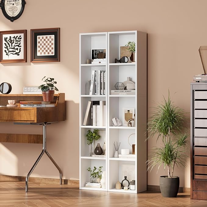oneinmil Tall Narrow Bookshelf, 5-Tier Cube Display Rack, Modern Corner Bookshelf with Storage Space, CD Storage Cabinet for Home Office (White 1 Pack, 5-Tier)