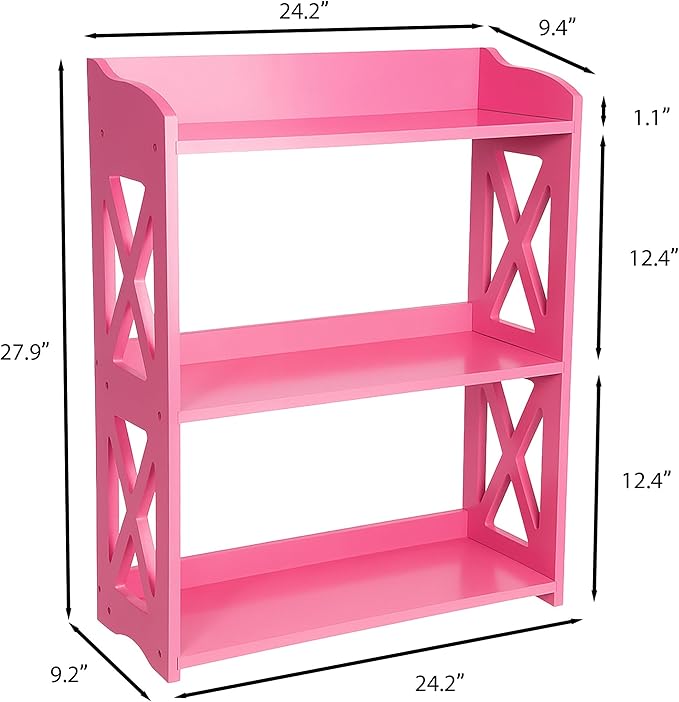 Narrow Bookcase by Natural Wood, 3 Tier Bookshelf, Small Book Shelves Freestanding Display Storage Shelves. Open Bookshelf for Bedroom, Living Room and Office (Pink, 3 Tier)