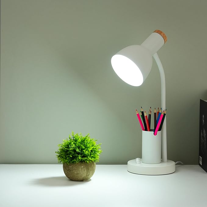 Desk Lamp with Pen Holder, Green, Wood Accent, Adjustable Gooseneck, Modern Study Light (Yellow)
