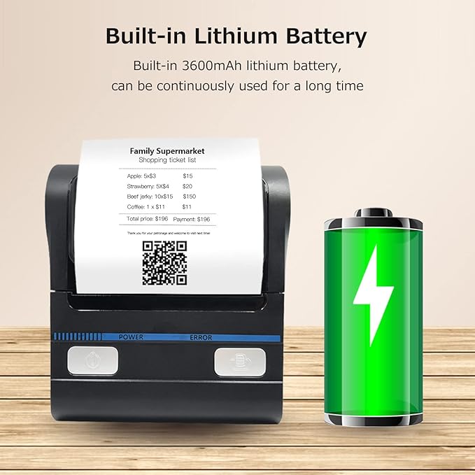 Portable 80mm Thermal Printer, and USB Double Mode Connection Built in Rechargeable Battery Small Printer for Office, Small Business, Study Graphics (US Plug)
