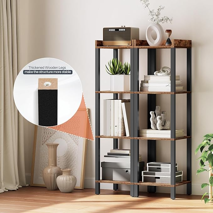 HOOBRO Small Bookcase, Industrial Style Bookshelf for Narrow Spaces, 4-Tier Square Book Shelf Stand, Wooden Storage Rack Display Shelf, Corner Shelf for Living Room, Rustic Brown and Black BF08CJ01