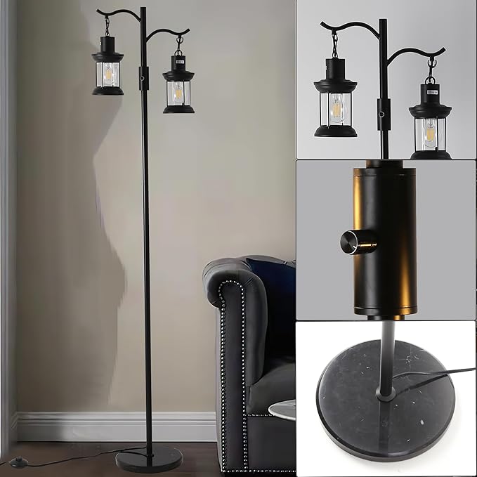 Vintage Dimmable Floor Lamp,2 Classical Lanterns Standing Lamp, Rustic Farmhouse Floor Lamp with Black Finish, for Living Room Bedroom (Black)