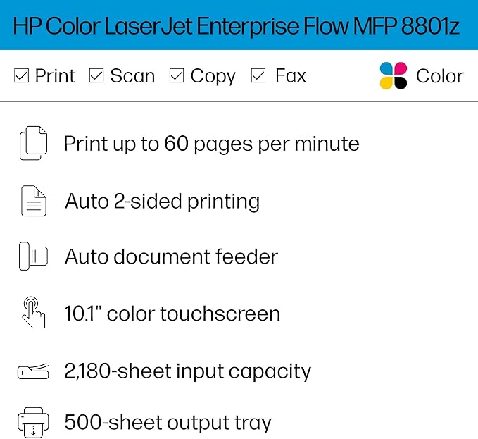 HP Color LaserJet Enterprise Flow 8801z Multifunction Printer, Scanner, Copier, Duplex, Best for Office (9S183A)