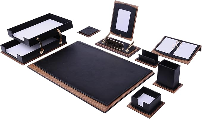 Leather Desk Set - Leather Organizer Desk Set - Walnut Wood Desk Set - Office Product - Office Desk Accessories, Home Office Accessories, Desk Supplies, Desk Accessories Set - 11 PCS