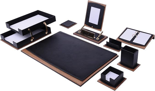 Leather Desk Set - Leather Organizer Desk Set - Walnut Wood Desk Set - Office Product - Office Desk Accessories, Home Office Accessories, Desk Supplies, Desk Accessories Set - 11 PCS