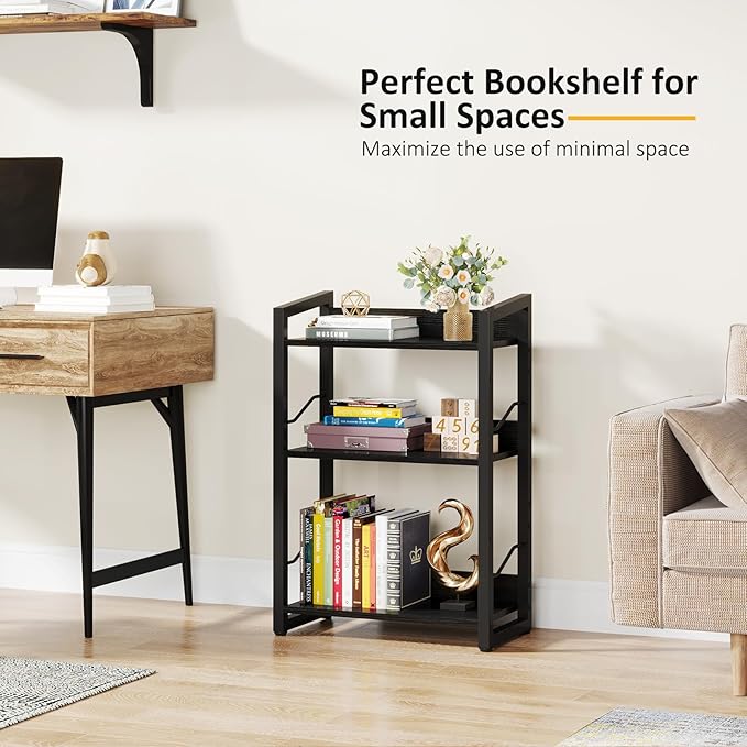 Hosfais Book Shelf Small Bookshelf - 3-Tier Wood Bookcase Industrial Bookshelf Metal Narrow Bookcase Storage Organizer Display Rack for Bedroom Living Room Home Office (Black)
