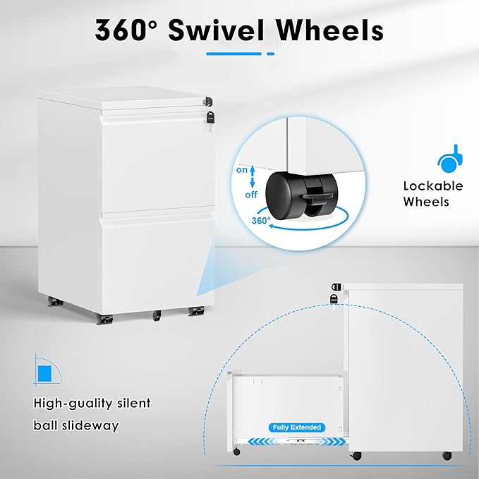 Pataku 2 Drawer File Cabinet, Small File Cabinets with Lock, Metal Rolling Filing Cabinet with 2 Drawer, Filing Cabinets for Home Office Fit A4/Letter/Legal, Easy Assembled, White