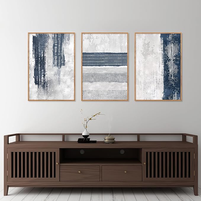 HLNIUC Navy Blue Abstract Framed Wall Art Set, Neutral Minimalist Canvas Wall Decor, Mid Century Modern Wall Painting, Grey Geometric Art Print for Living Room, Bedroom, Office - 16"x24"x3